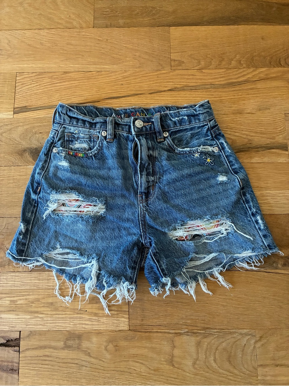 American Eagle Outfitters Distressed Blue Denim Shorts with Multicolor Stitching